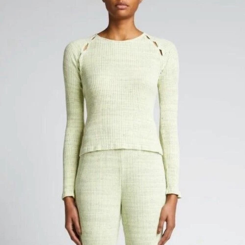 MONROW Women's Ribbed Button-Detail Top - Light Green with black stripes.